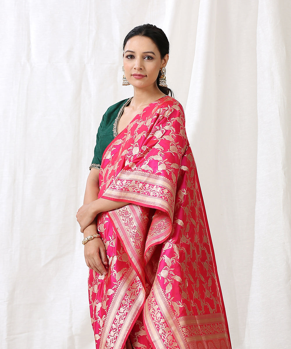 Rani_Pink_Handloom_Pure_Katan_Silk_Banarasi_Saree_with_Cutwork_Jaal_WeaverStory_01