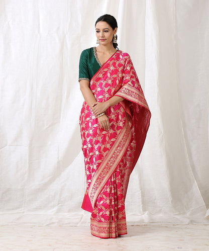 Rani_Pink_Handloom_Pure_Katan_Silk_Banarasi_Saree_with_Cutwork_Jaal_WeaverStory_02