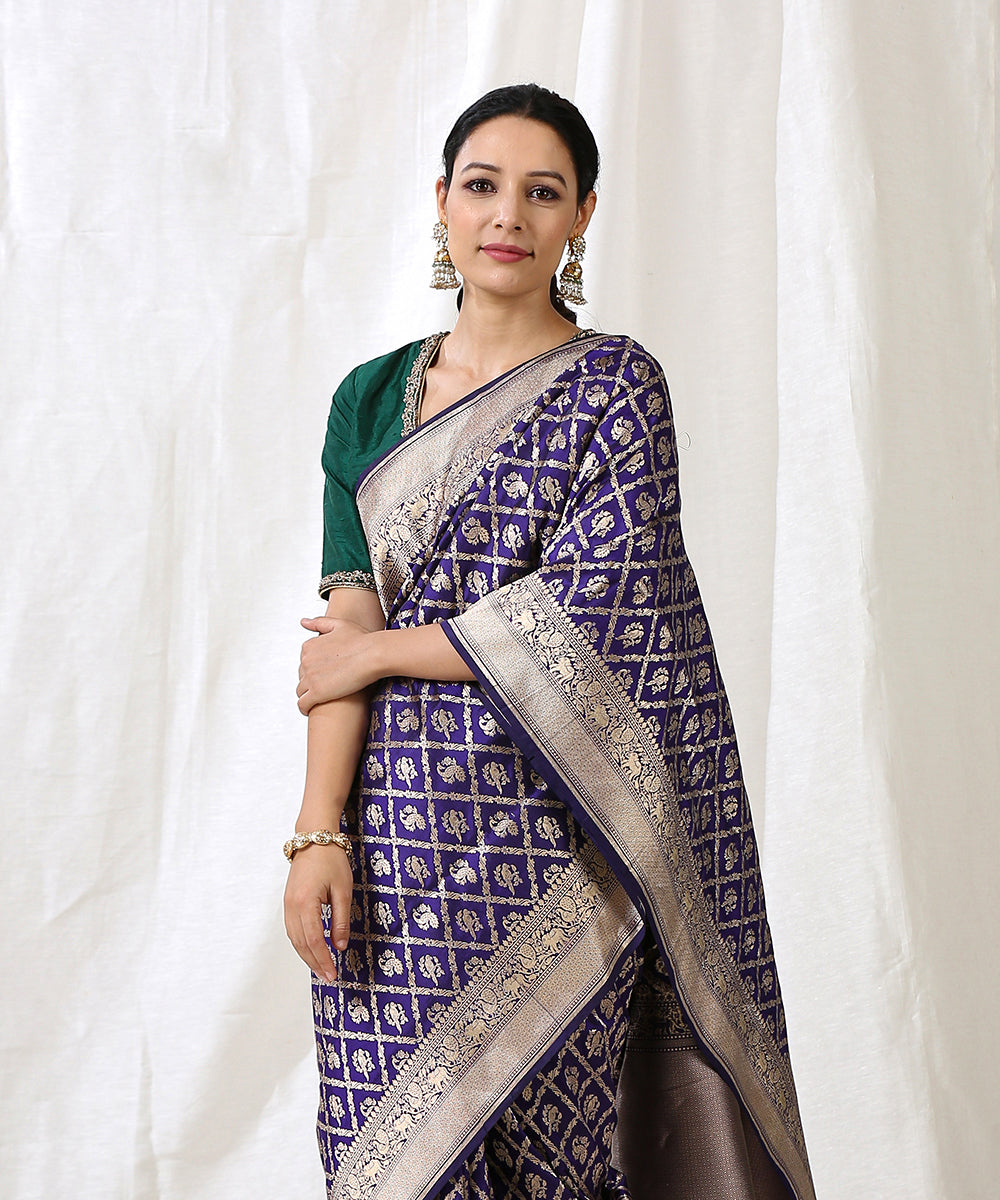 Blue_Handloom_Pure_Katan_Silk_Banarasi_Silk_Saree_With_Peacock_And_Parrot_Motifs_WeaverStory_01