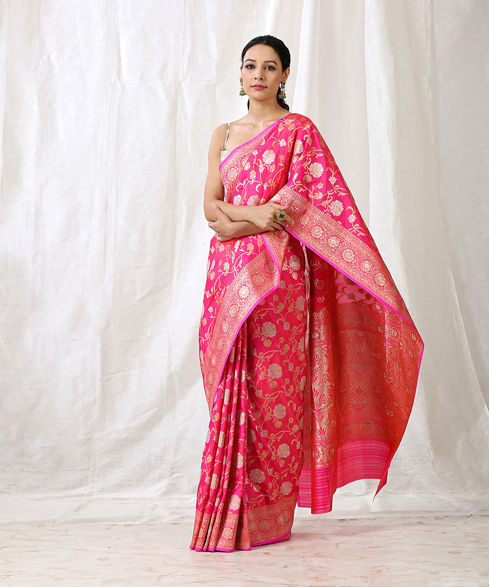 Hot_Pink_Handloom_Pure_Katan_Silk_Sona_Rupa_Banarasi_Jangla_Saree_WeaverStory_02