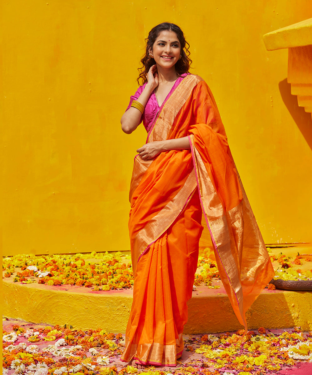 Orange_Handloom_Pure_Cotton_Chanderi_Saree_With_Zari_Border_WeaverStory_02
