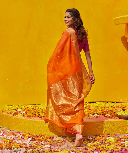 Orange_Handloom_Pure_Cotton_Chanderi_Saree_With_Zari_Border_WeaverStory_03