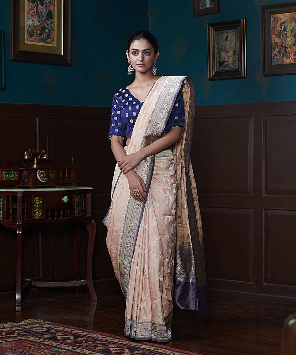 Handloom_Peach_Pure_Katan_Silk_Banarasi_Saree_With_Purple_Floral_Border_WeaverStory_02