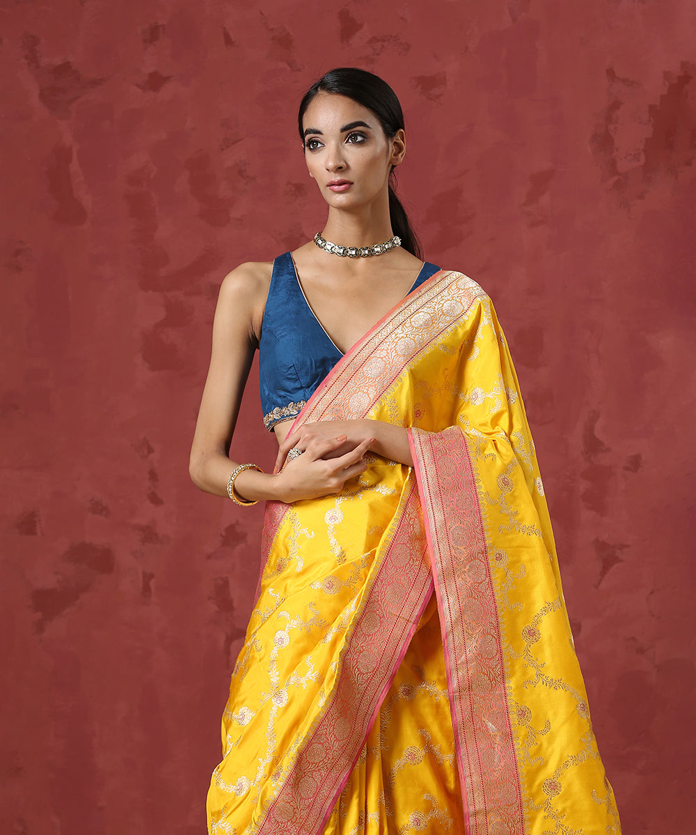 Yellow_Handloom_Pure_Katan_Banarasi_Saree_With_Pink_Floral_Border_WeaverStory_01