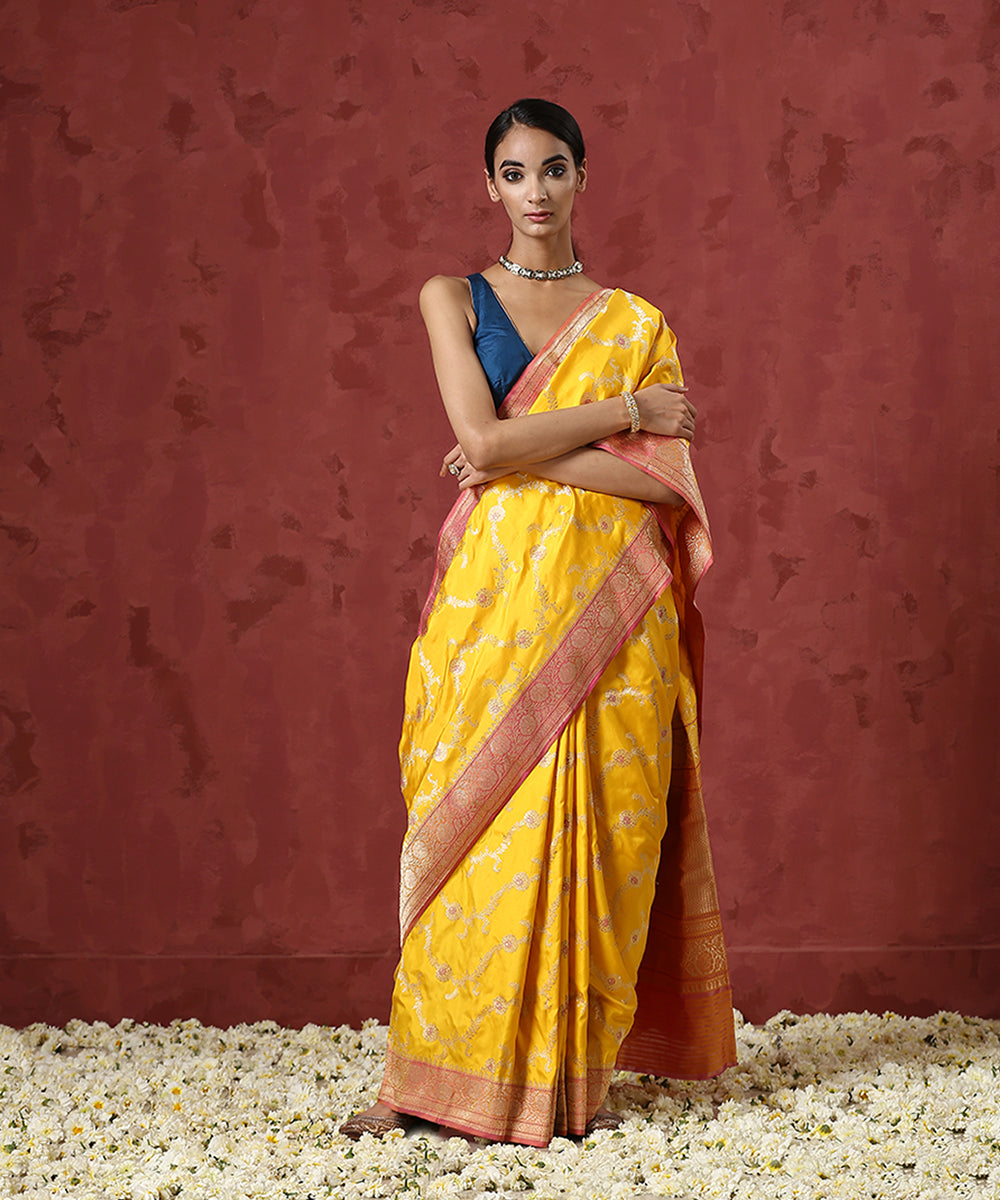 Yellow_Handloom_Pure_Katan_Banarasi_Saree_With_Pink_Floral_Border_WeaverStory_02