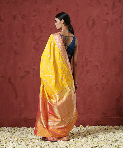 Yellow_Handloom_Pure_Katan_Banarasi_Saree_With_Pink_Floral_Border_WeaverStory_03