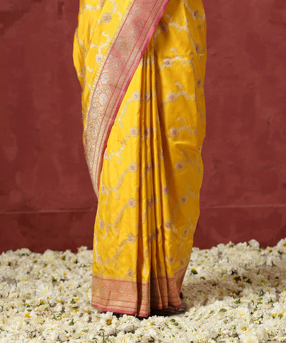 Yellow_Handloom_Pure_Katan_Banarasi_Saree_With_Pink_Floral_Border_WeaverStory_04