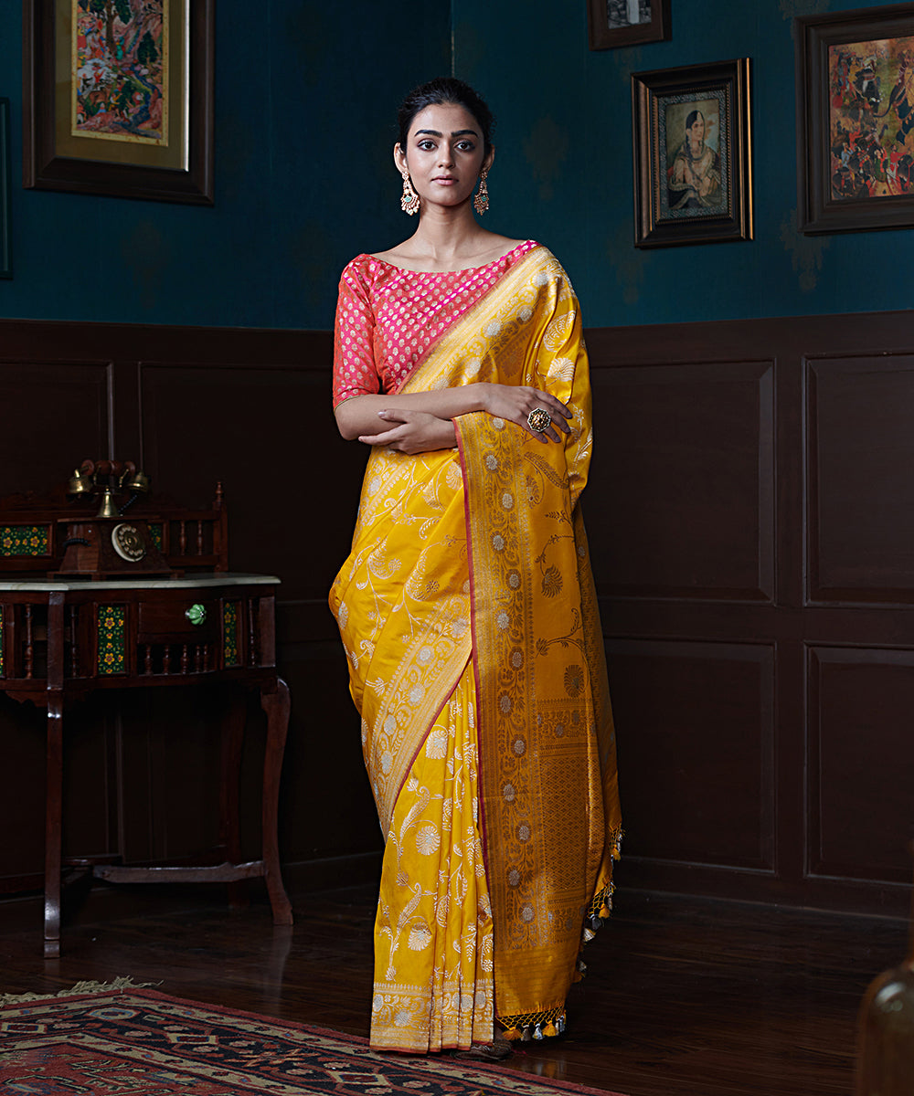 Yellow Banarasi Silk Saree | Elegant saree, Party wear dresses, Haldi dress