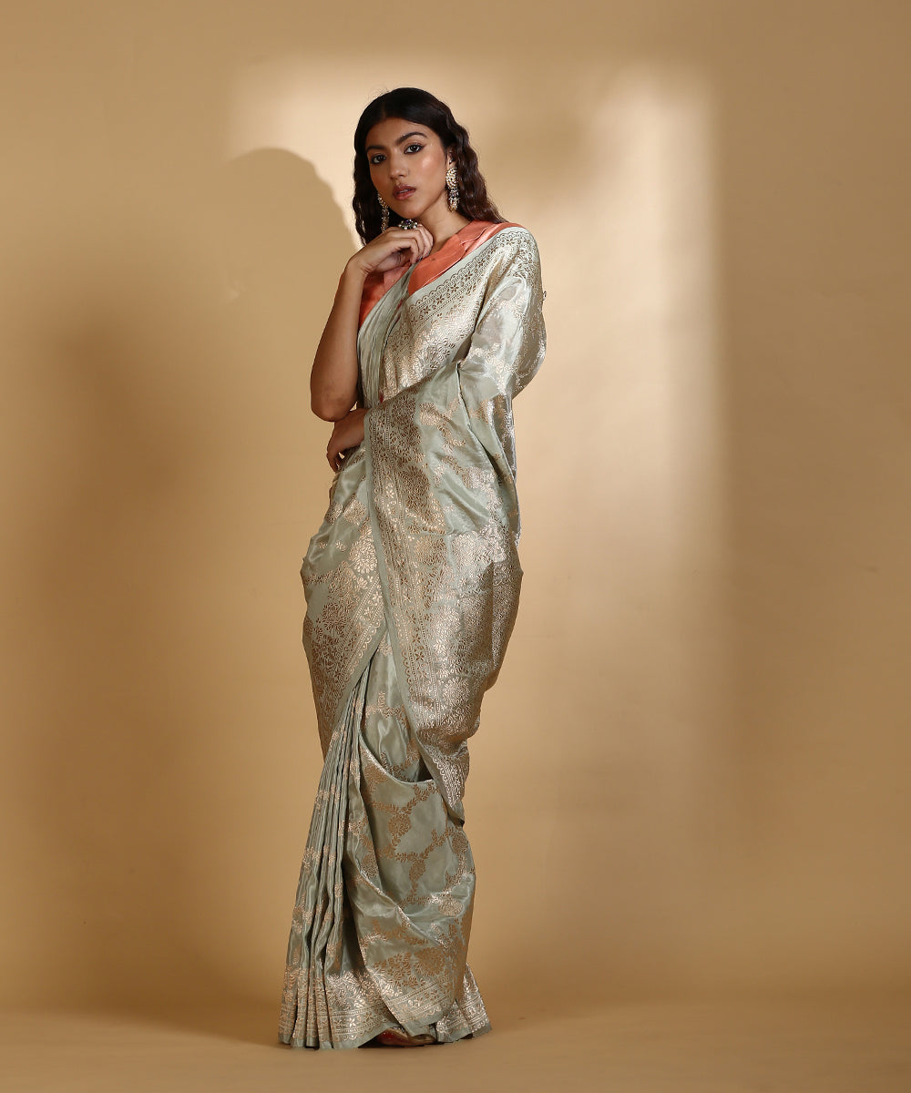Handloom Pista Green Pure Silk Tissue Banarasi Saree With Kadhwa Jaal ...