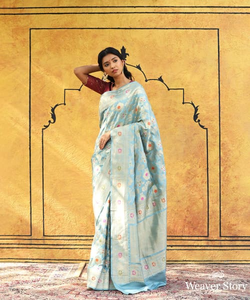 Handwoven Pure Katan Silk Blue Kadwa Jaal Silver Zari Banarasi Saree –  Khinkhwab