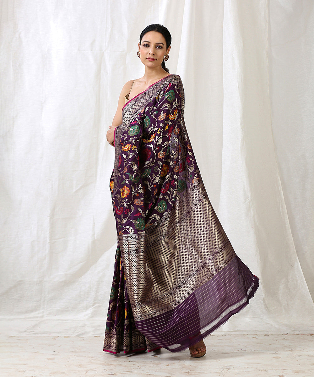 Handloom_Purple_Pure_Katan_Silk_Banarasi_Saree_With_Cutwork_Meenakari_Jaal_and_Pink_Selvedge_WeaverStory_02