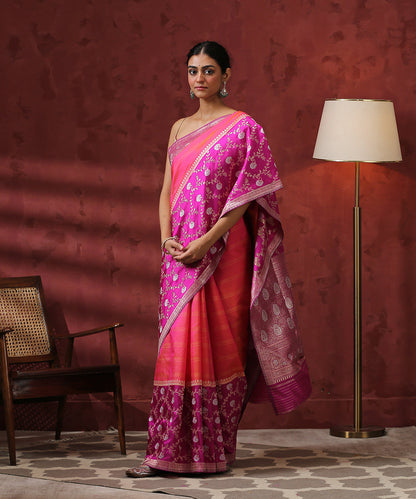 Handloom_Pink_Pure_Katan_Silk_Saree_With_Floral_Jangla_Border_WeaverStory_02