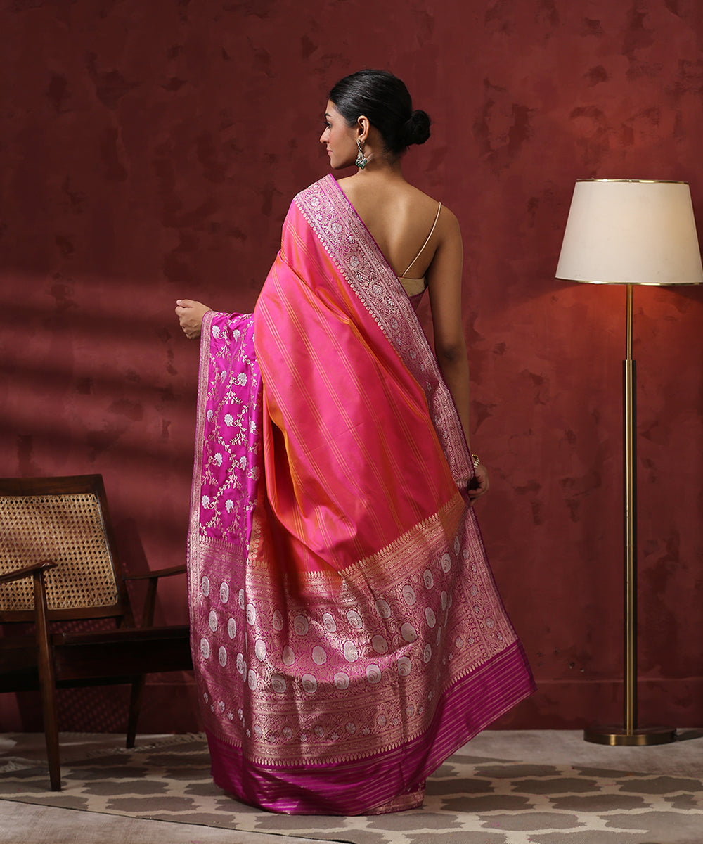 Handloom_Pink_Pure_Katan_Silk_Saree_With_Floral_Jangla_Border_WeaverStory_03