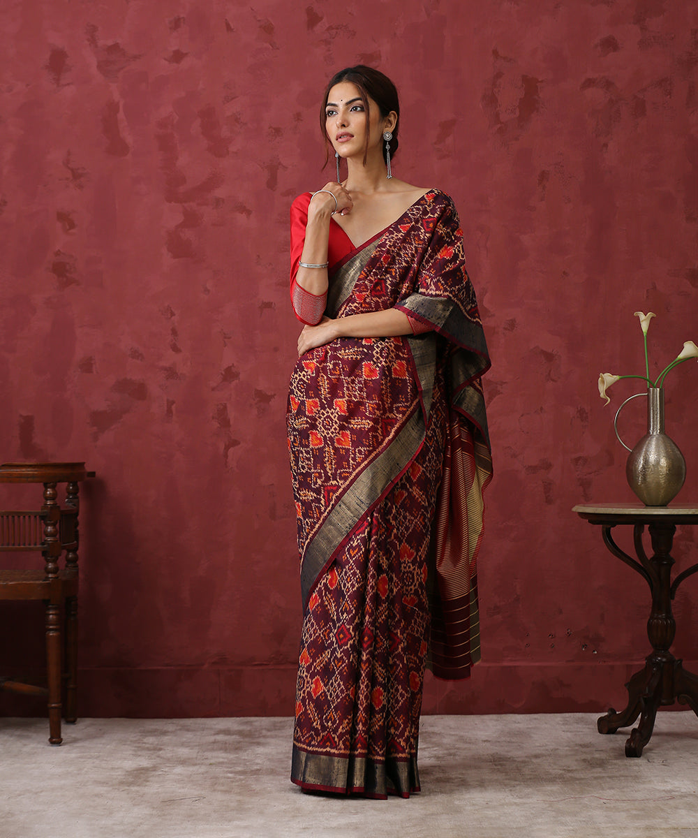 Handloom_Maroon_Mulberry_Silk_Patola_Saree_With_Gold_Border_WeaverStory_02