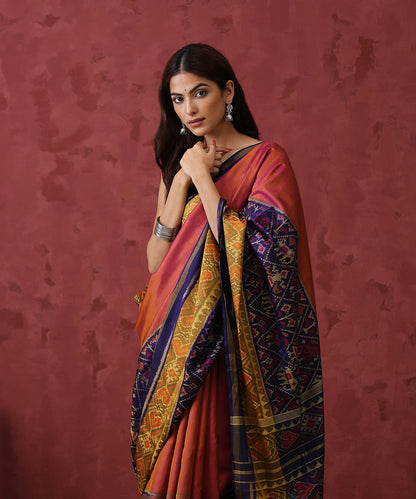 Rust_and_Blue_Handloom_Mulberry_Silk_Plain_Patola_Saree_WeaverStory_01