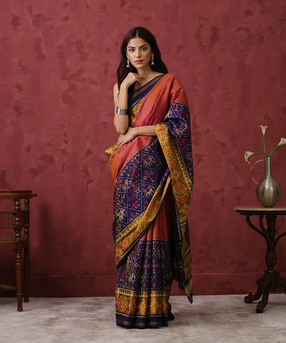 Rust_and_Blue_Handloom_Mulberry_Silk_Plain_Patola_Saree_WeaverStory_02