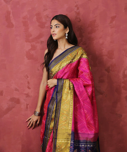 Pink_Handloom_Mulberry_Silk_Patola_Saree_With_Gold_Tissue_Border_WeaverStory_01