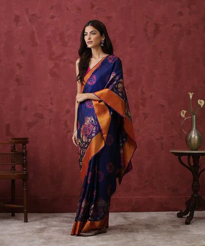 Blue_Handloom_Mulberry_Silk_Patola_Saree_With_Elephant_Border_WeaverStory_02