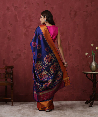 Blue_Handloom_Mulberry_Silk_Patola_Saree_With_Elephant_Border_WeaverStory_03