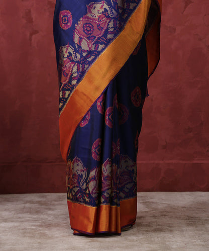 Blue_Handloom_Mulberry_Silk_Patola_Saree_With_Elephant_Border_WeaverStory_04