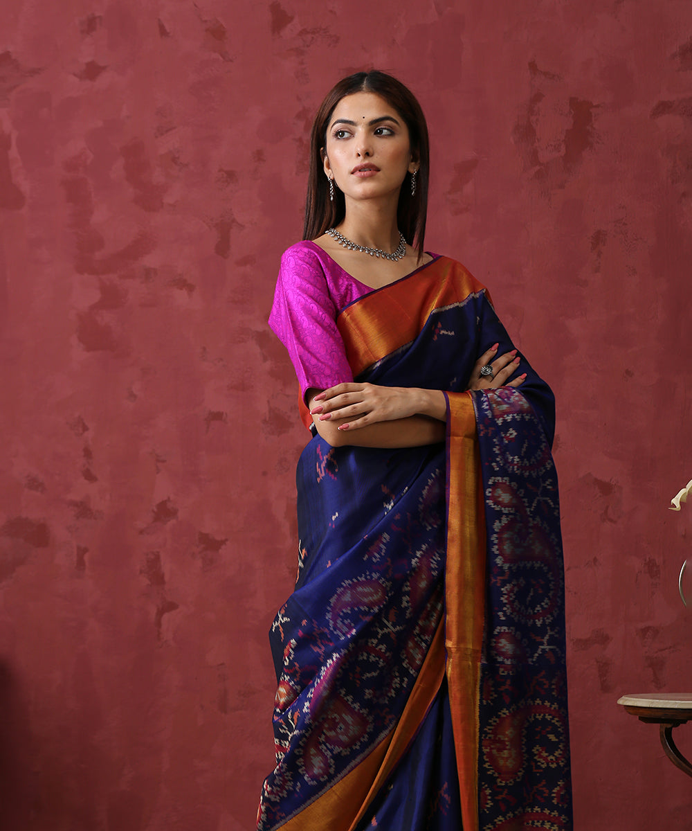 Handloom_Blue_Mulberry_Silk_Patola_Saree_With_Golden_Border_WeaverStory_01