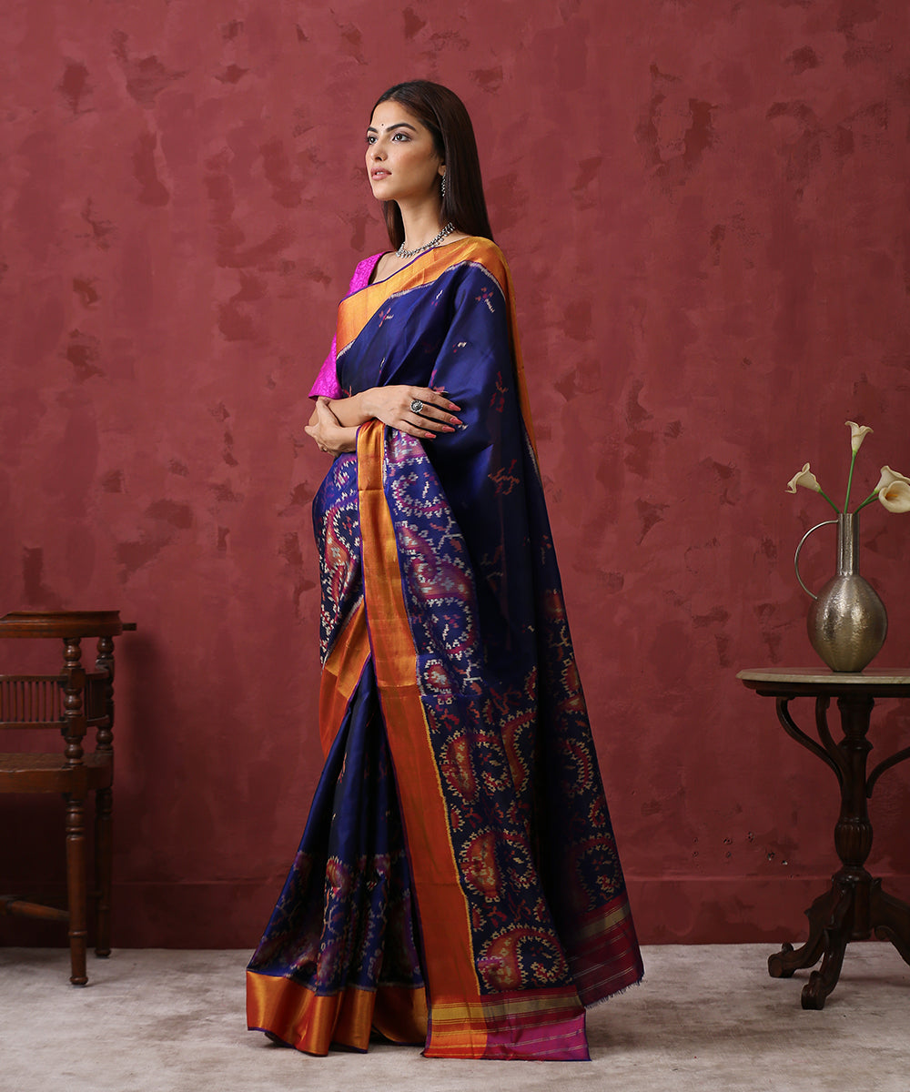 Handloom_Blue_Mulberry_Silk_Patola_Saree_With_Golden_Border_WeaverStory_02