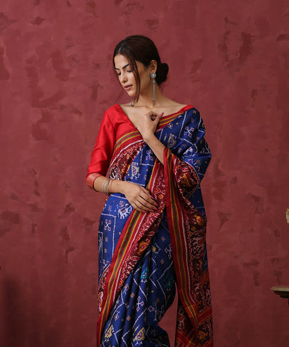 Handloom_Blue_Mulberry_Silk_Patola_Saree_With_Maroon_Border_WeaverStory_01