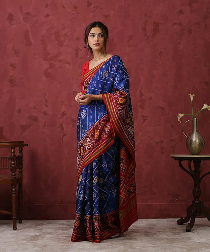 Handloom_Blue_Mulberry_Silk_Patola_Saree_With_Maroon_Border_WeaverStory_02