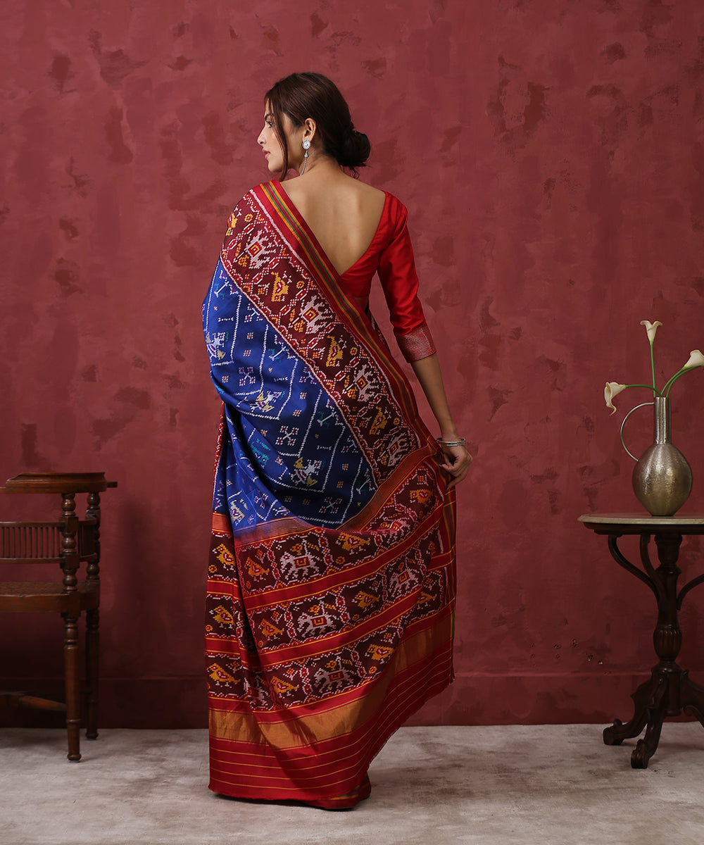 Handloom_Blue_Mulberry_Silk_Patola_Saree_With_Maroon_Border_WeaverStory_03