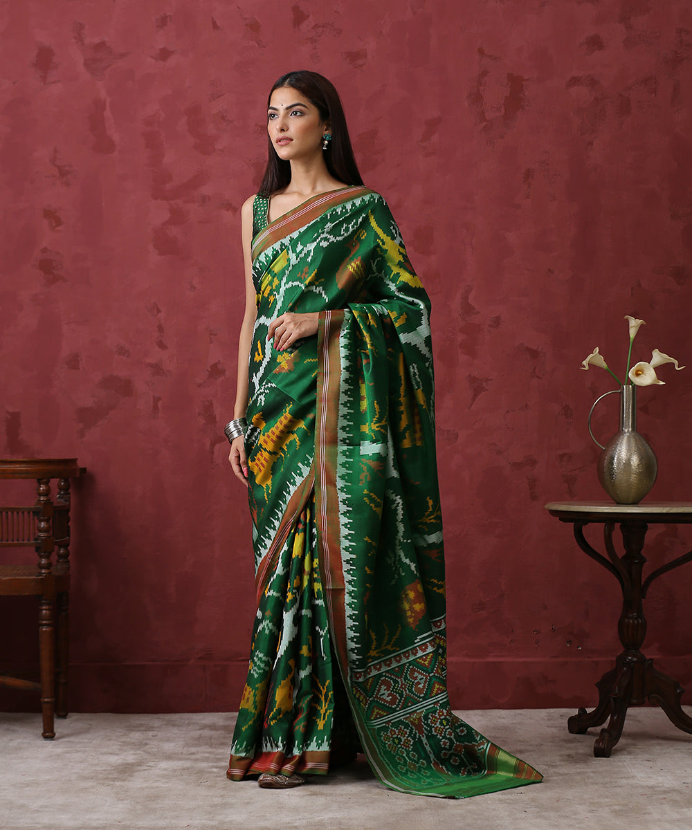 Green_Handloom_Mulberry_Silk_Patola_Saree_With_Animal_Motif_WeaverStory_02