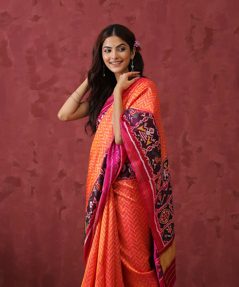 Handloom_Peach_Chevron_Mulberry_Silk_Patola_Saree_With_Pink_Border_WeaverStory_01