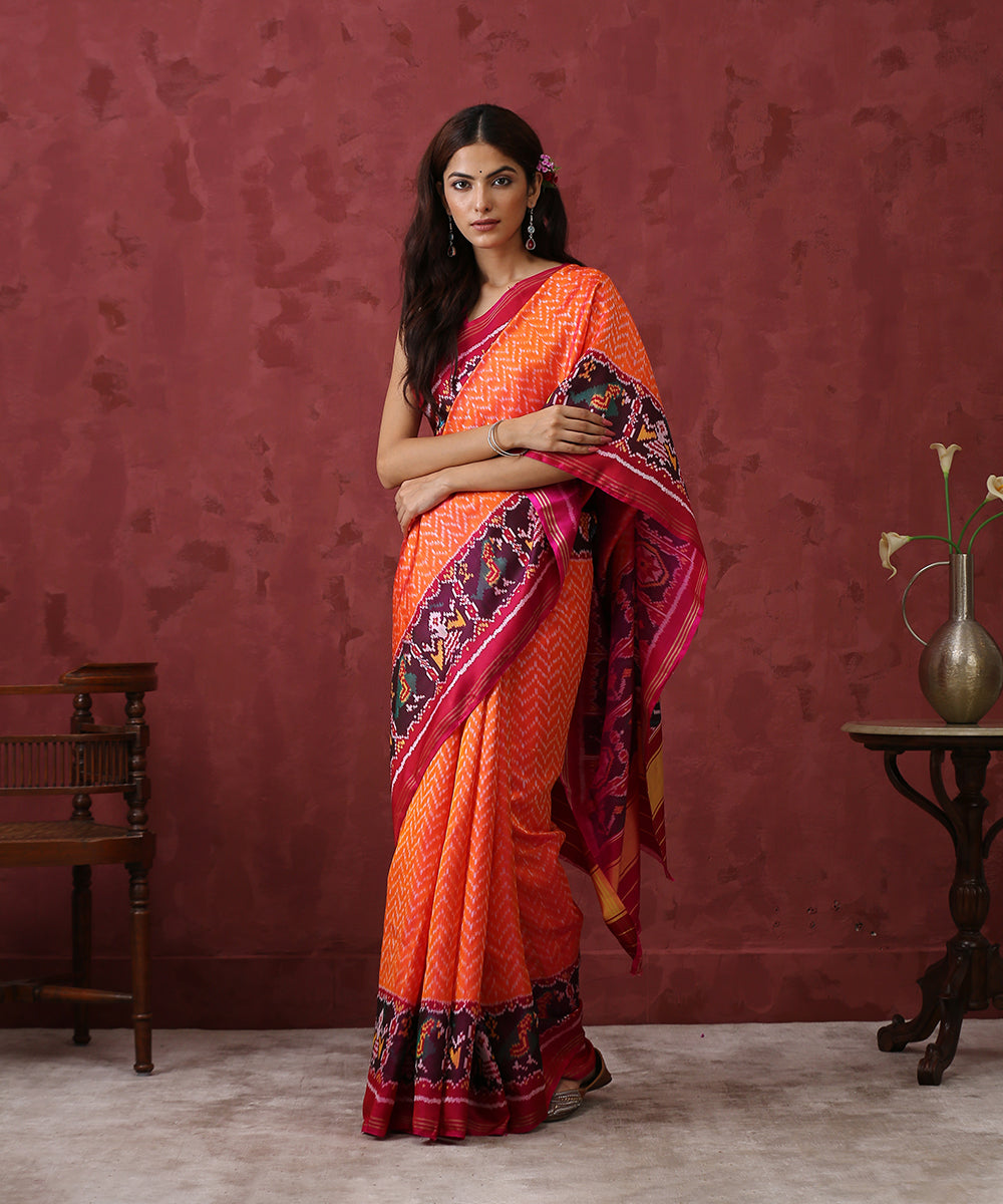 Handloom_Peach_Chevron_Mulberry_Silk_Patola_Saree_With_Pink_Border_WeaverStory_02