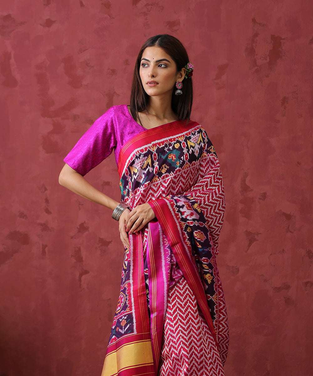 Handloom_Pink_Mulberry_Silk_Patola_Saree_With_Purple_Border_WeaverStory_01