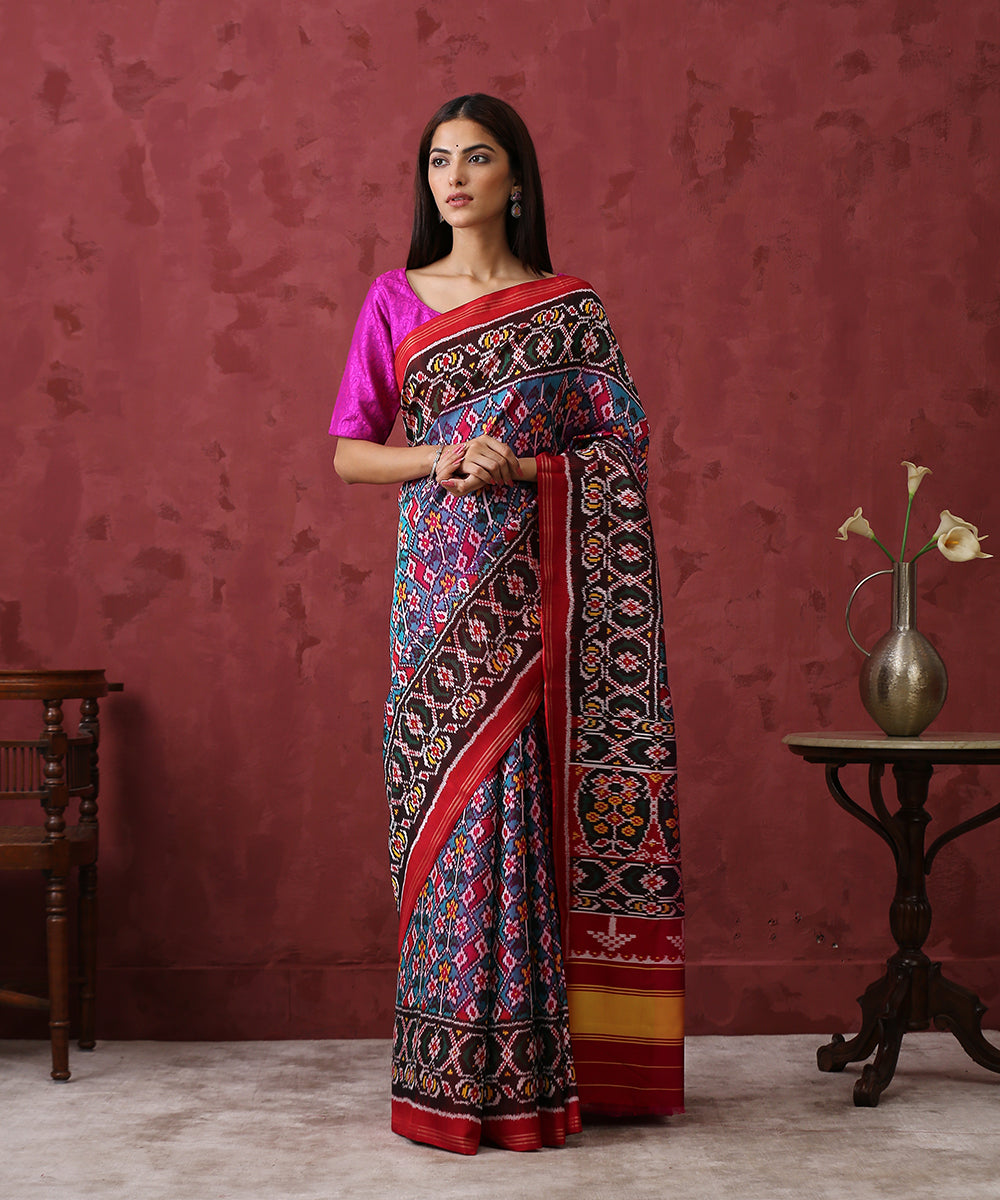 Handloom_Teal_Mulberry_Silk_Patola_Saree_With_Maroon_Border_WeaverStory_02