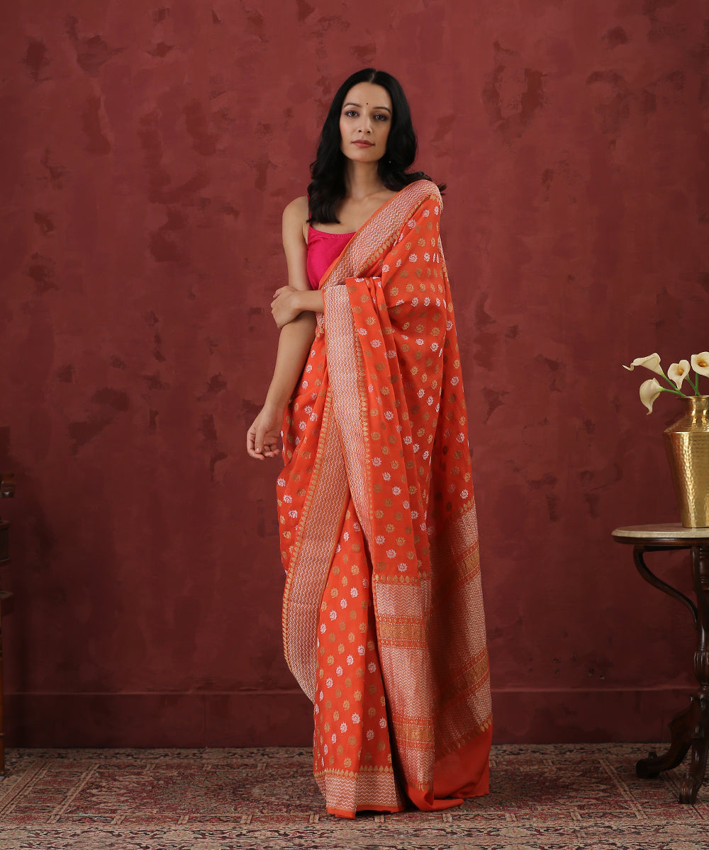 Handloom_Orange_Georgette_Banarasi_Saree_With_Gold_and_Silver_Booti_WeaverStory_02