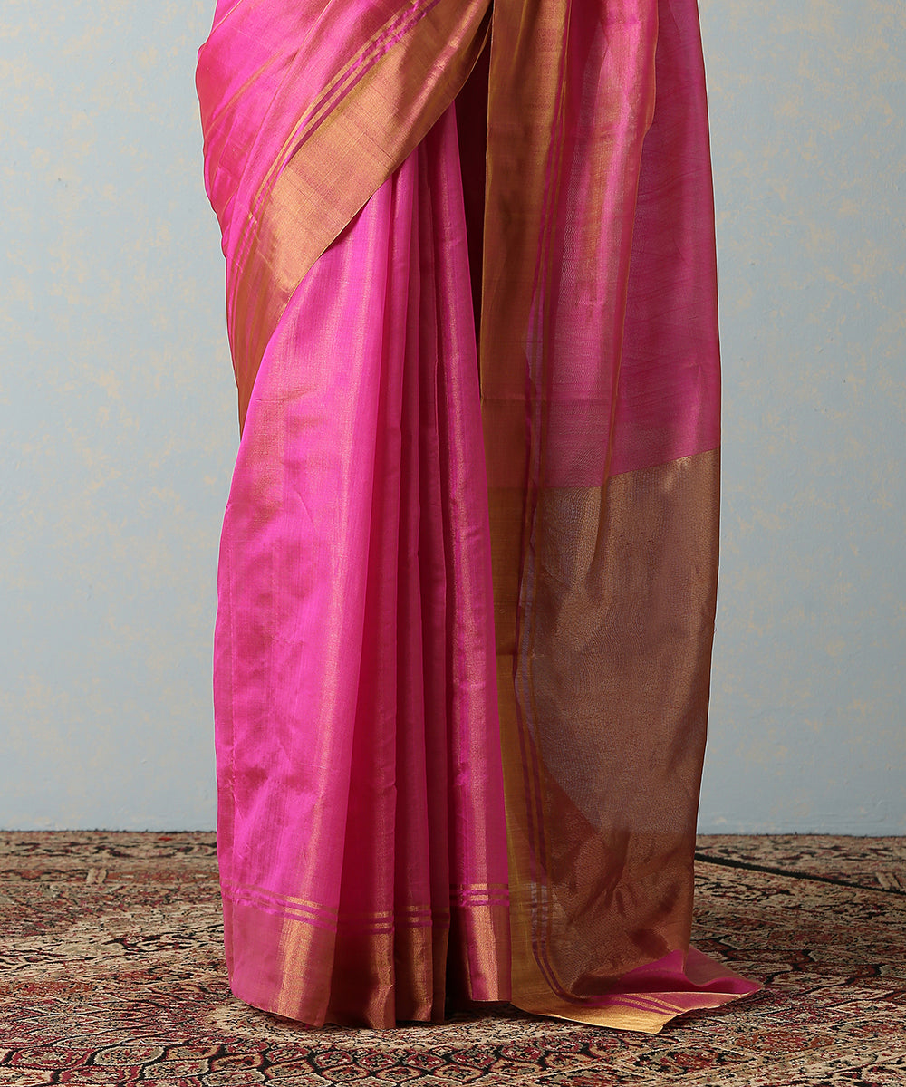 Handloom_Pink_Tissue_Chanderi_Saree_With_Golden_Border_And_Red_selvedge_WeaverStory_04
