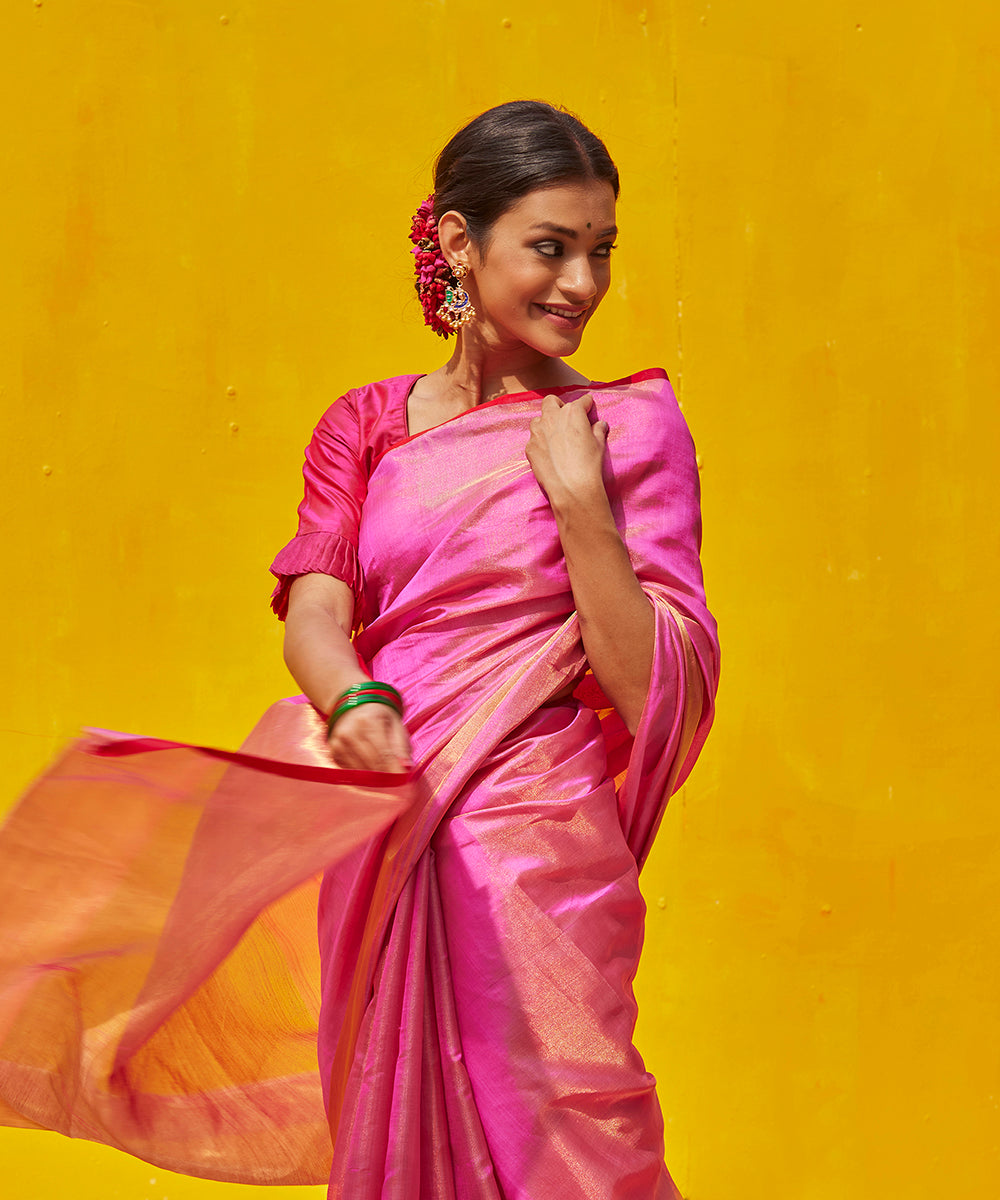 Handloom_Pink_Tissue_Chanderi_Saree_With_Golden_Border_And_Red_Selvedge_WeaverStory_01