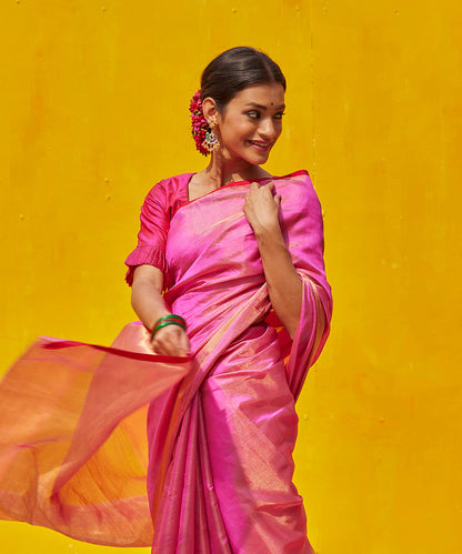 Handloom_Pink_Tissue_Chanderi_Saree_With_Golden_Border_And_Red_Selvedge_WeaverStory_01