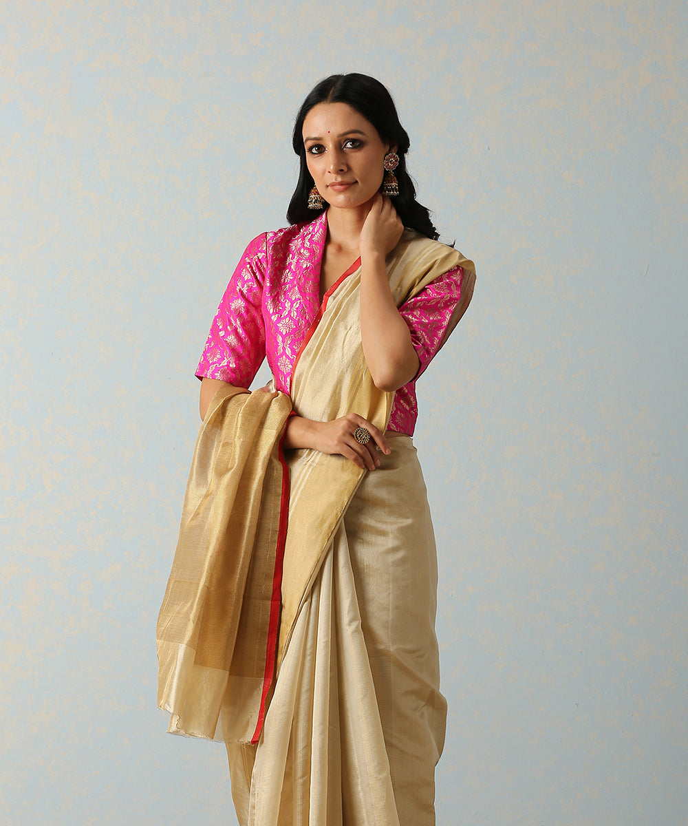 Handloom_Beige_Tissue_Chanderi_Saree_With_Golden_Border_And_Red_selvedge_WeaverStory_01