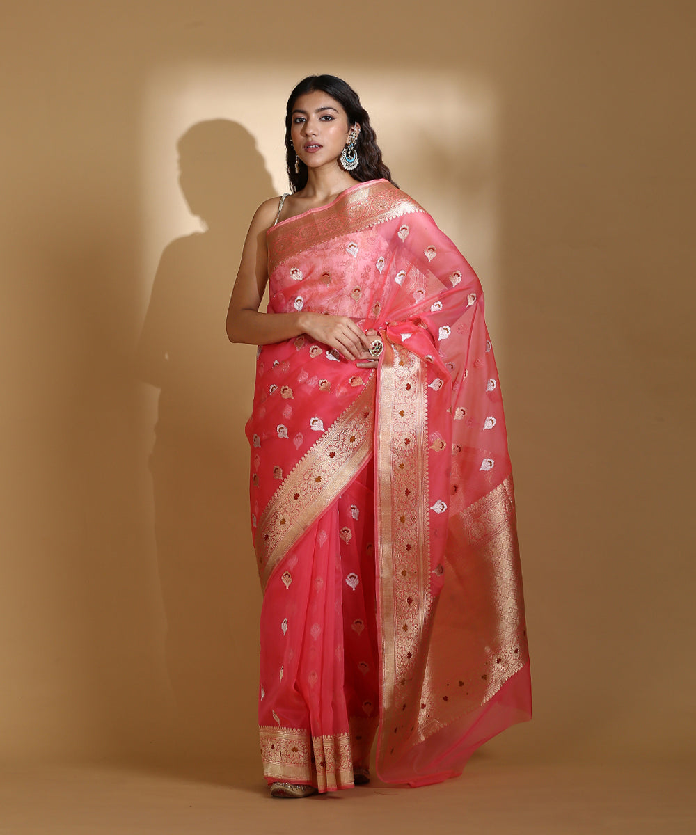 Peach_Handloom_Kora_Silk_Banarasi_Saree_With_Gold_And_Silver_Kadhwa_Booti_WeaverStory_02