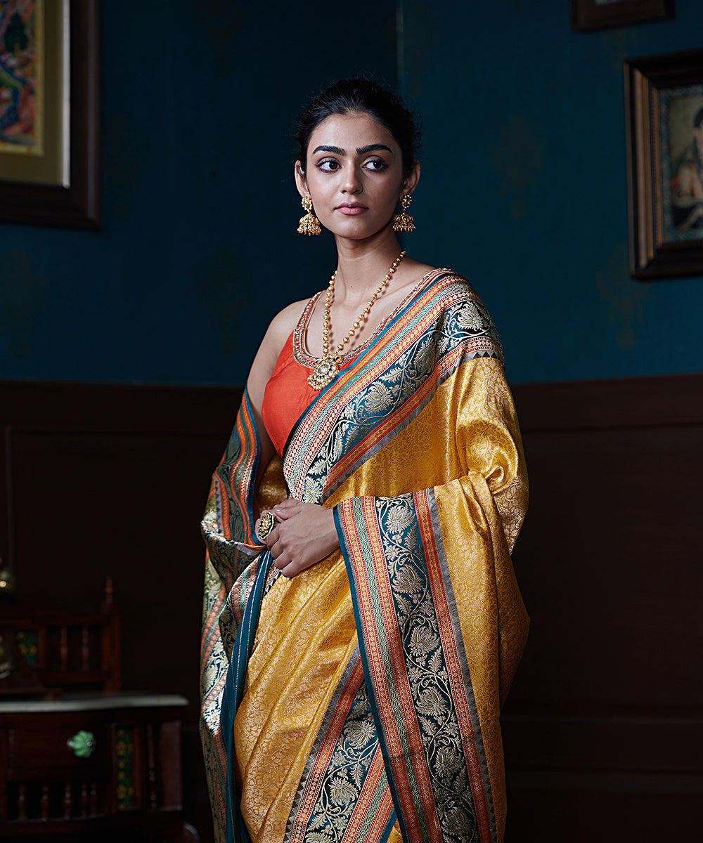 Handloom_Mustard_Pure_Katan_Silk_Multi_Border_Banarasi_Saree_With_Zari_Tanchoi_Weave_WeaverStory_01