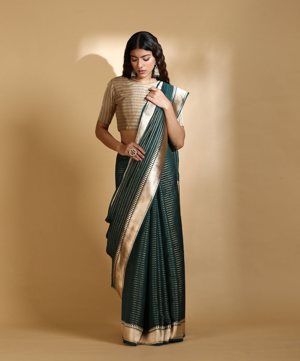 Handloom_Green_Kora_Silk_Banarasi_Saree_With_Stripes_And_Konia_Pallu_WeaverStory_02