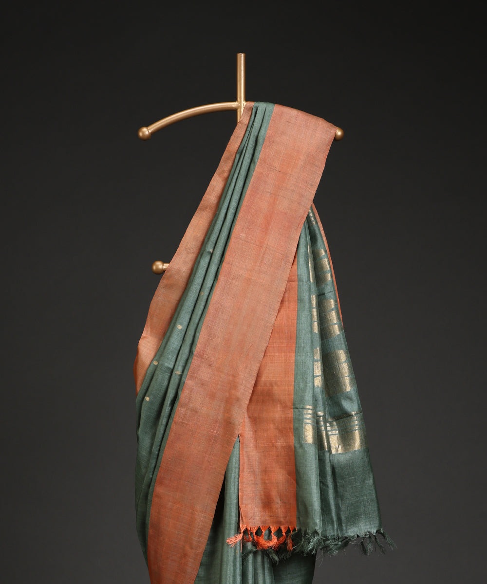 Sage_Green_Handloom_Pure_Kosa_Silk_Saree_With_Round_Peacock_Motif_Rust_Border_WeaverStory_02