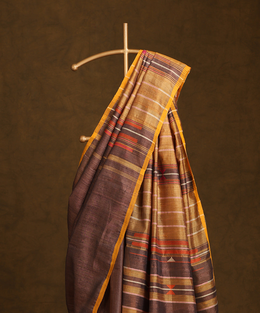 Handloom_Coke_Brown_Pure_Kosa_Silk_Saree_With_Musturd_Thin_Border_WeaverStory_02
