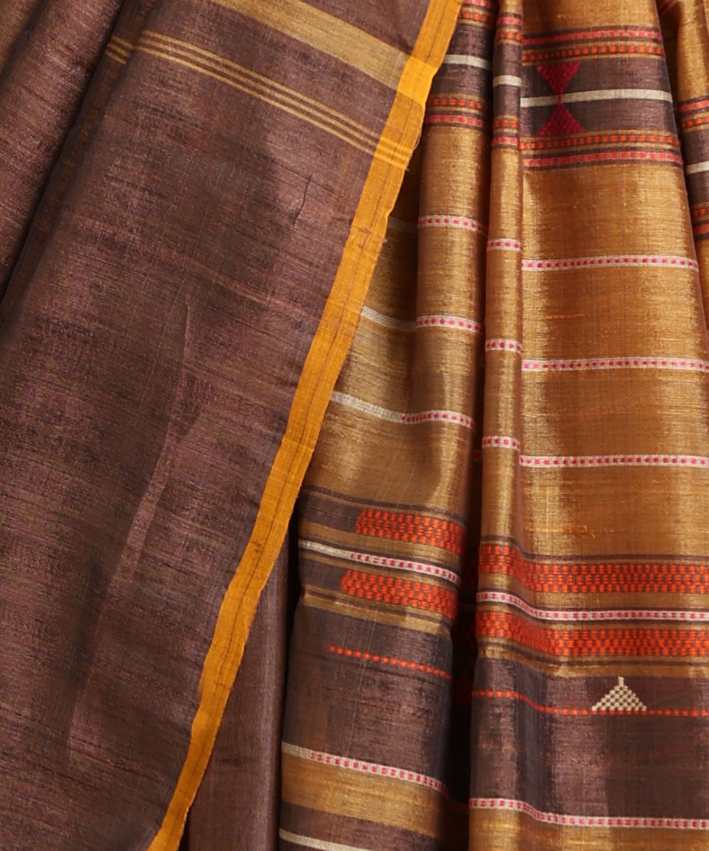 Handloom_Coke_Brown_Pure_Kosa_Silk_Saree_With_Musturd_Thin_Border_WeaverStory_04