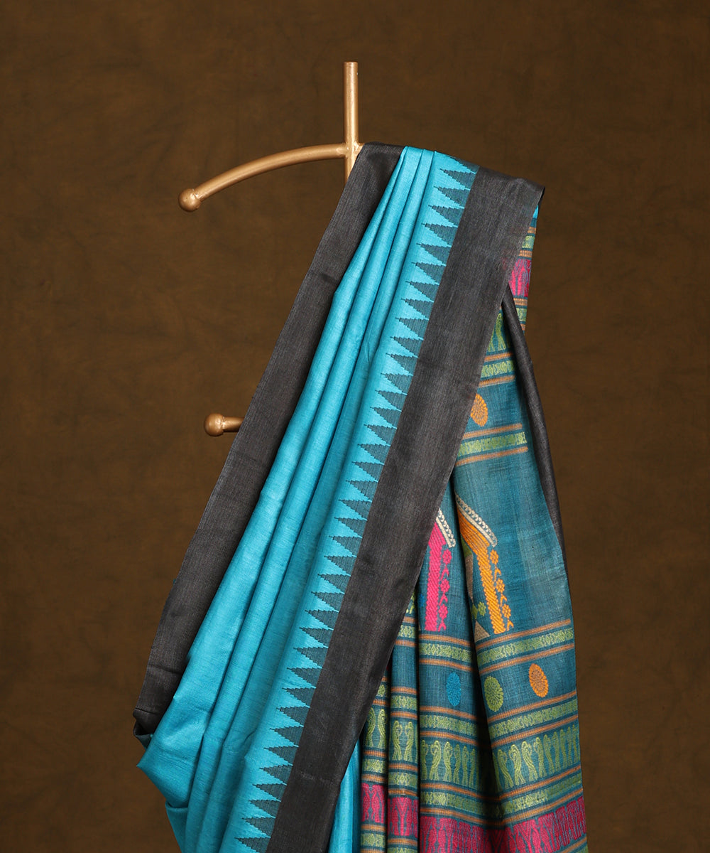 Blue_Handloom_Pure_Kosa_Silk_Saree_With_Temple_Border_And_Multicolor_Pallu_WeaverStory_02