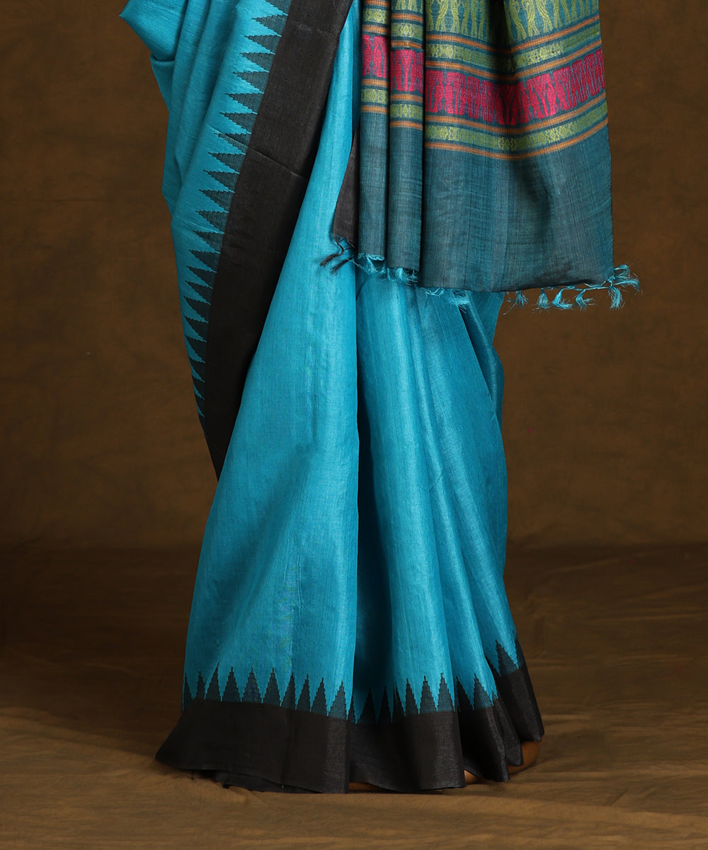 Blue_Handloom_Pure_Kosa_Silk_Saree_With_Temple_Border_And_Multicolor_Pallu_WeaverStory_03