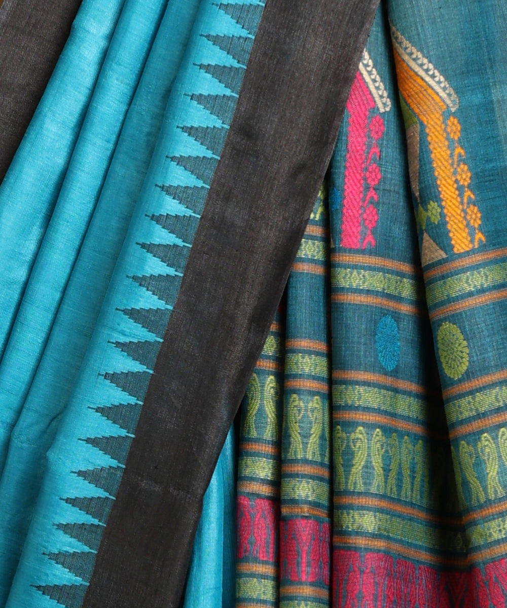 Blue_Handloom_Pure_Kosa_Silk_Saree_With_Temple_Border_And_Multicolor_Pallu_WeaverStory_04