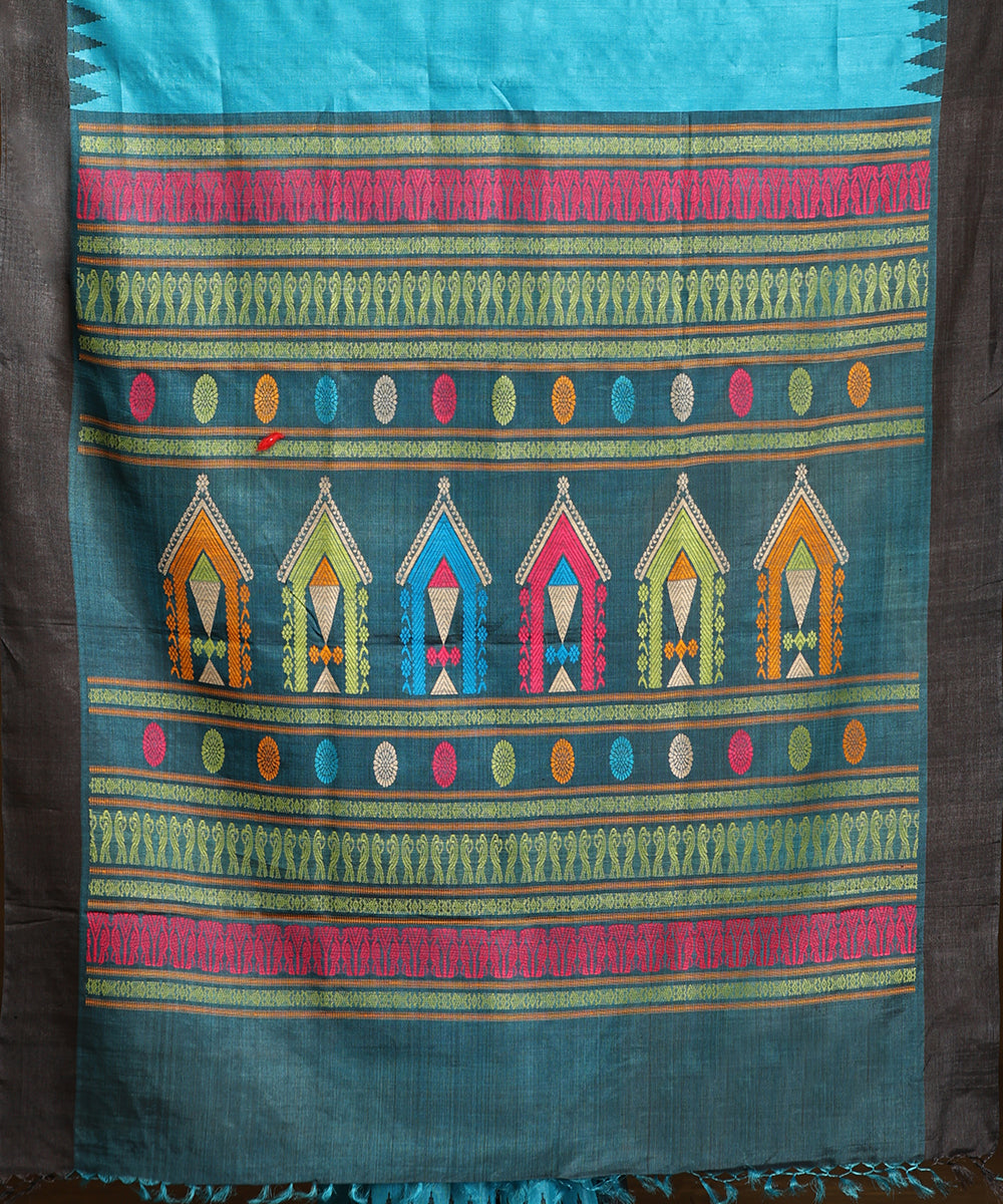 Blue_Handloom_Pure_Kosa_Silk_Saree_With_Temple_Border_And_Multicolor_Pallu_WeaverStory_05