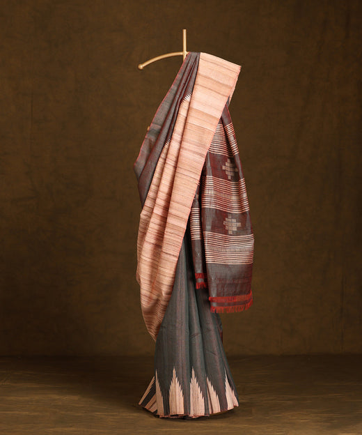 Beige And Brown Handloom Pure Kosa Silk Saree With Temple Border